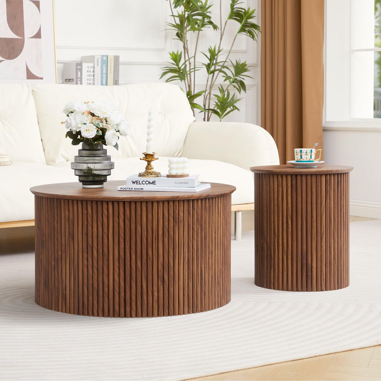Round Nesting Coffee Table Set of 2, Mid Century Modern Wood Coffee Tables and End Table Set, Circle Side Table Minimalist Center Tables for Living Room, Office(Walnut) AVZEAR