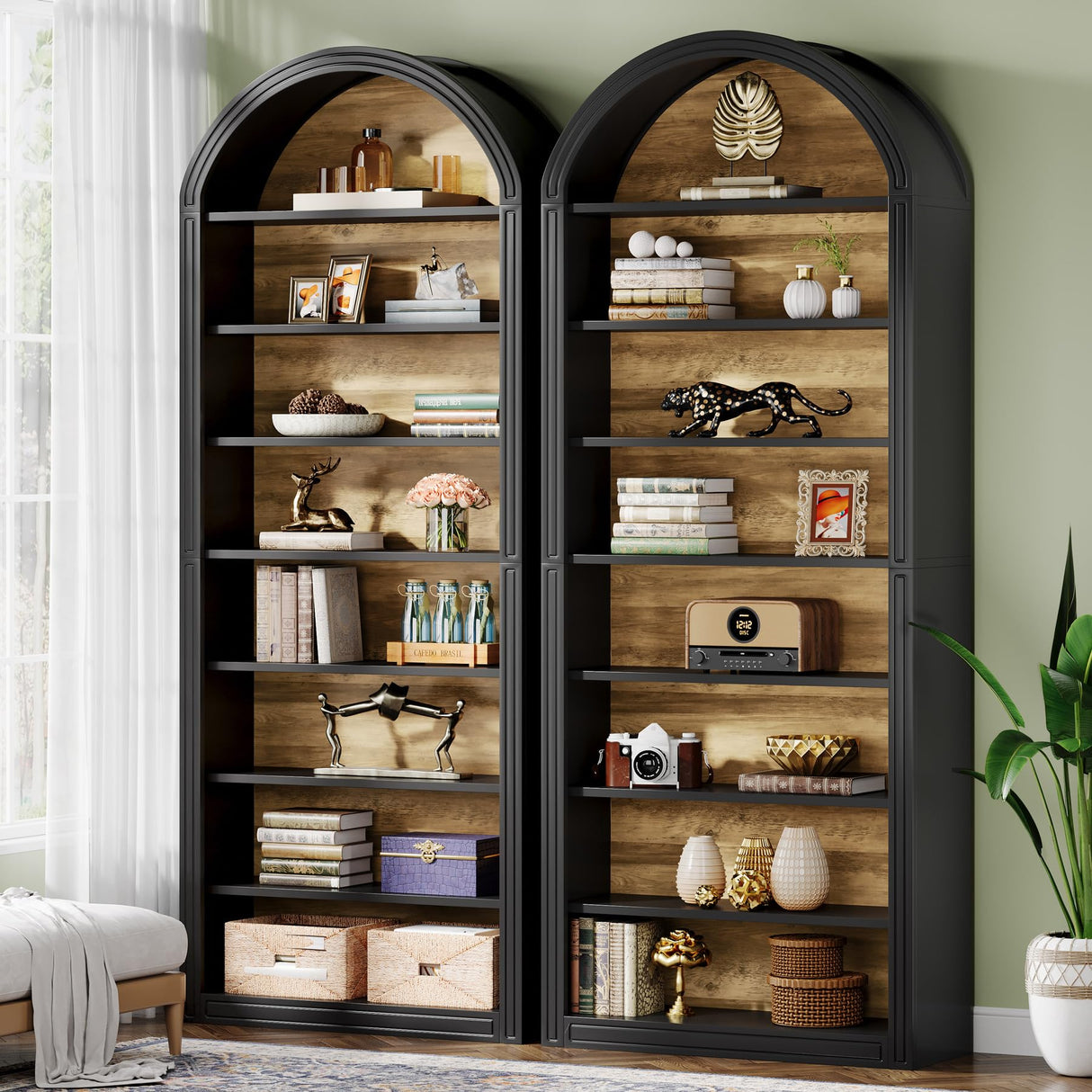 Tribesigns 79.5" Tall Arched Bookshelf, 8-Tier Modern Black Arched Bookcase with Storage Shelves, Floor Standing Wood Display Shelving Unit, Set of 2 Tribesigns