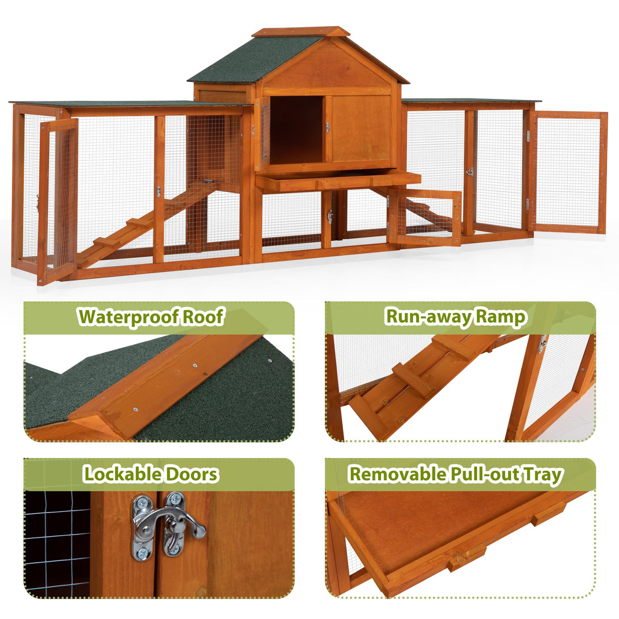 COZIWOW 83” Extra Large Wooden Rabbit Hutch Outdoor Easy to Assemble and Durable Rabbit Cage Bunny Hutch Indoor with Cleaning Tray & Waterproof Roof for Small and Medium Bunny Rabbit Chick (Orange) COZIWOW