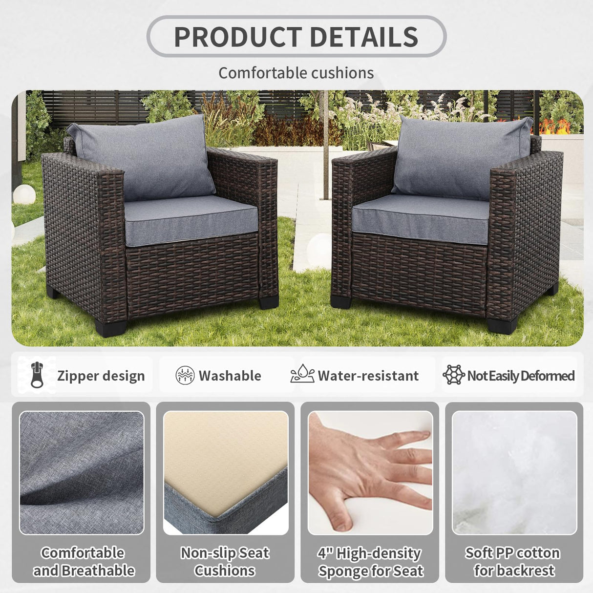 Valita 6 PCS Patio Furniture Set Outdoor Sectional Wicker Conversation Couch Brown Rattan Sofa Chairs with Ottoman 50,000BTU Adjustable Fire Pit Table and Grey Anti-Slip Cushions Valita