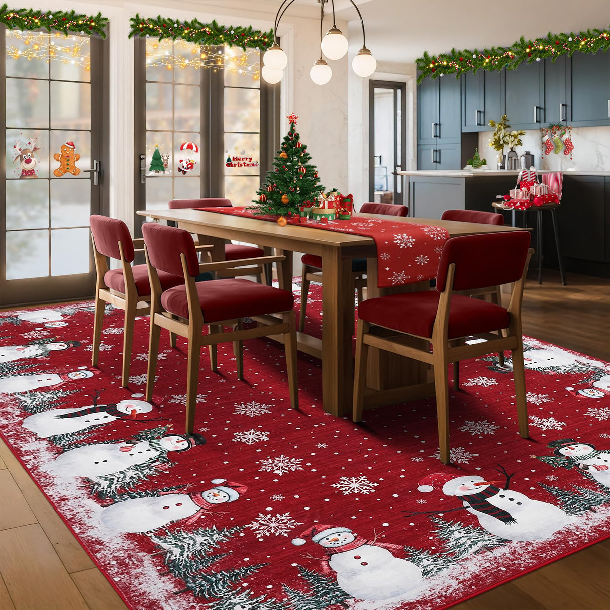 9x12 Washable Area Rug for Holiday Non Sliip Christmas Bedroom Rugs Xmas Decoration Large Dining Room Throw Carpet Low Pile Stain Resistant Snowflakes Christmas Area Rugs for Nursery Home Office, Red GarveeHome