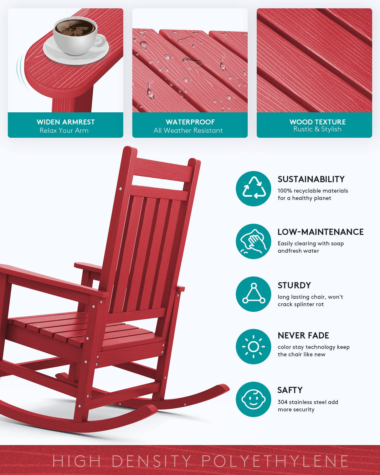 SERWALL Oversized Rocking Chair, Outdoor Rocking Chair Set for Adults, All Weather Resistant Porch Rocker for Lawn Garden, Red SERWALL