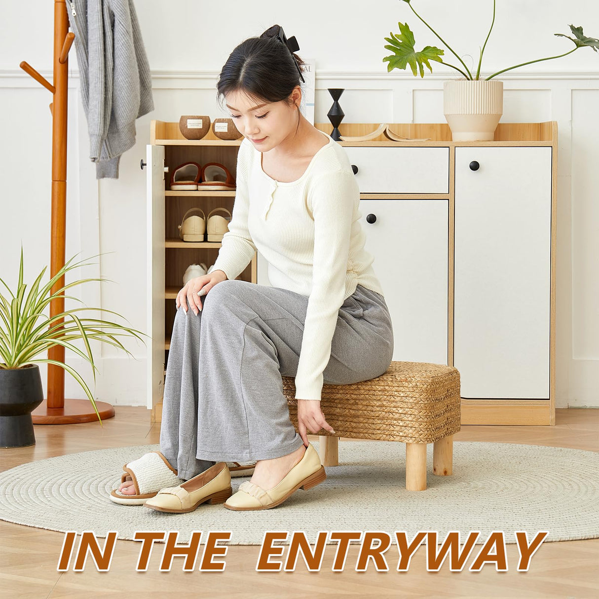 ALeesing Ottoman Foot Stool Rectangular Footrest Natural Seagrass Footstool with Wooden Legs Hand Weave Multifunctional Modern Dressing Stool, Sofa Side Table for Bedroom for Living Room (Nature) ALeesing