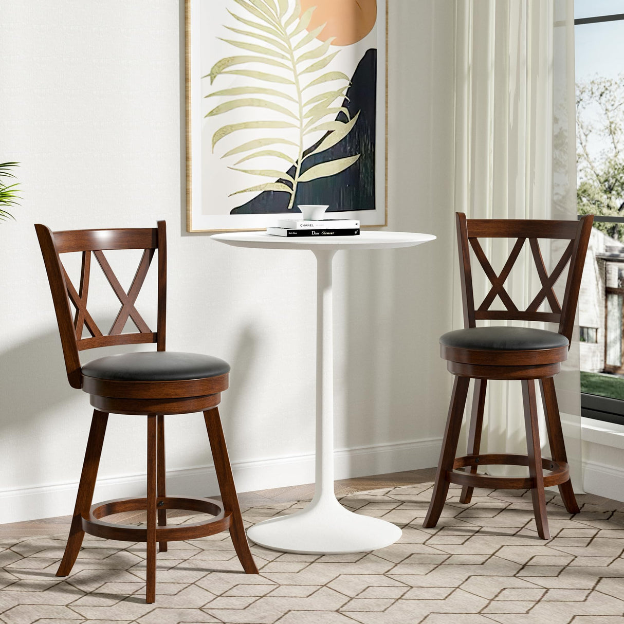 24" Counter Height Swivel Bar Stools - High Back Swivel Counter Stools with Upholstered Seat & Solid Wood Footrest, Counter Bar Chairs for Kitchen Island & Pub (Brown, Set of 2) Betterhood