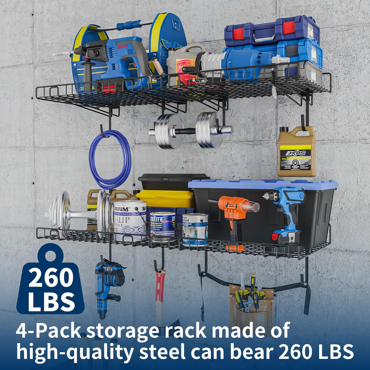 4 Pack Garage Wall Shelf, Wall Mounted Storage Shelves, Heavy Duty Metal Shelves for Room Wall, Loads 260 LBS Floating Shelves Mesh Storage Rack for Garage, Office, Basement,Wall Cabinet and Kitchen Riciakik