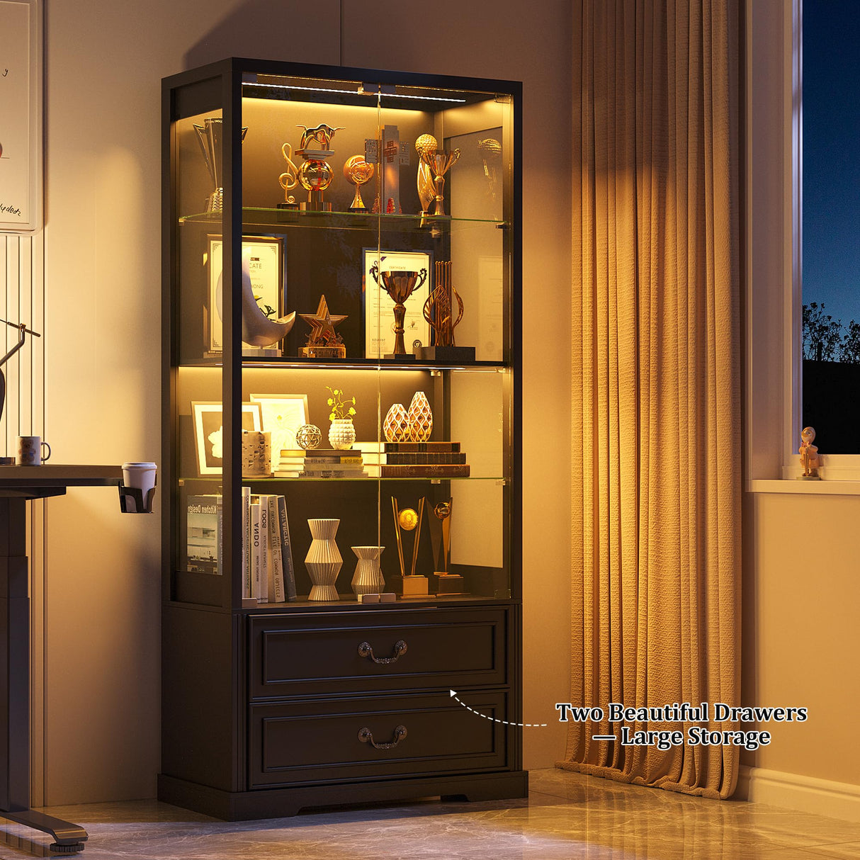 FREDEES Display Cabinet with Glass Doors,67" Adjustable Display Shelf with 2 Drawers and 4 Tier Curio Cabinet,Tall Bookcase with 3 Color Lights and Human Body Sensor for Toys,Books(Black) FREDEES