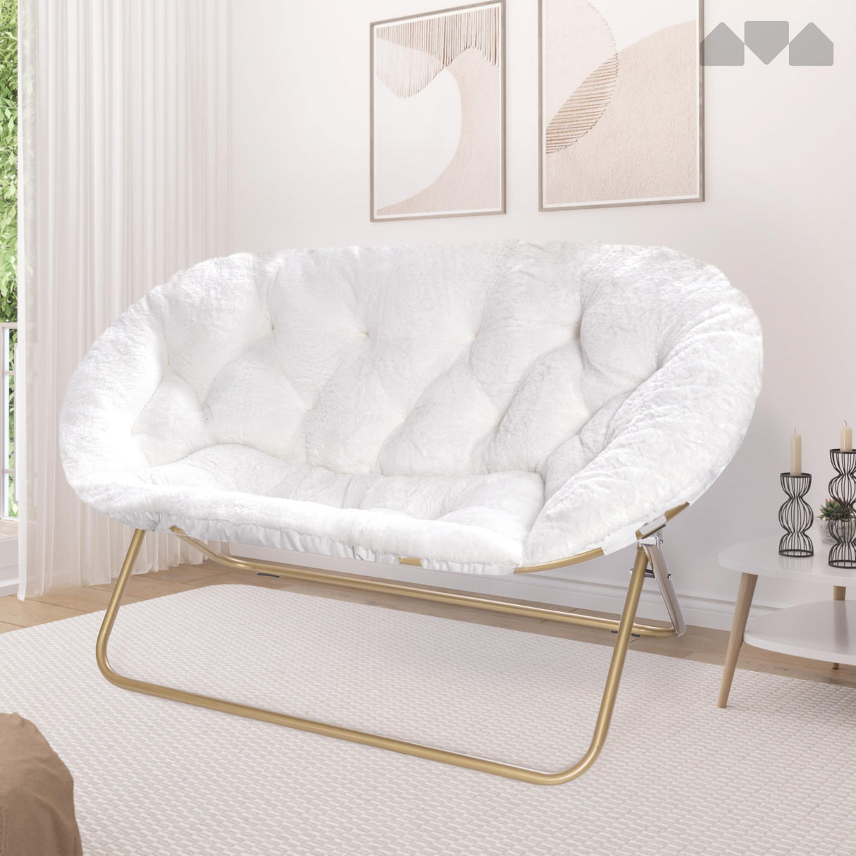 Milliard Double Cozy Chair/Faux Fur Saucer Chair for Bedroom/X-Large Loveseat, White Milliard