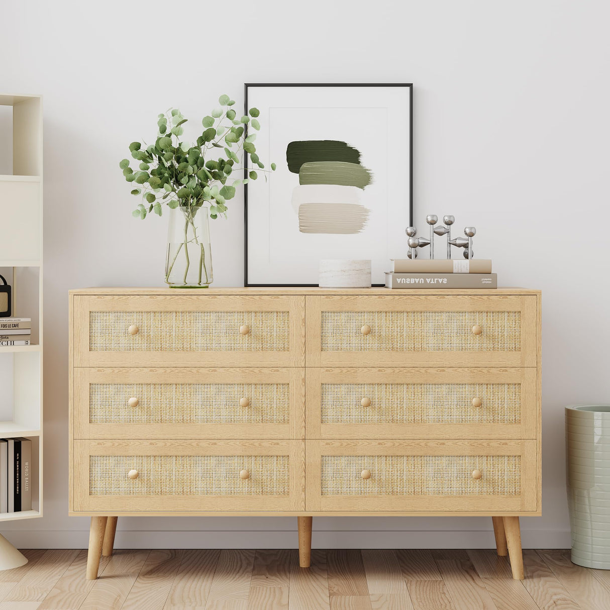 6 Drawer Rattan Dresser for Bedroom, Modern Natural Wooden Dresser, Beside Table for Closet, Boho Chests of Double Drawers for Bedroom, Living Room, Entryway, Hallway yesasin