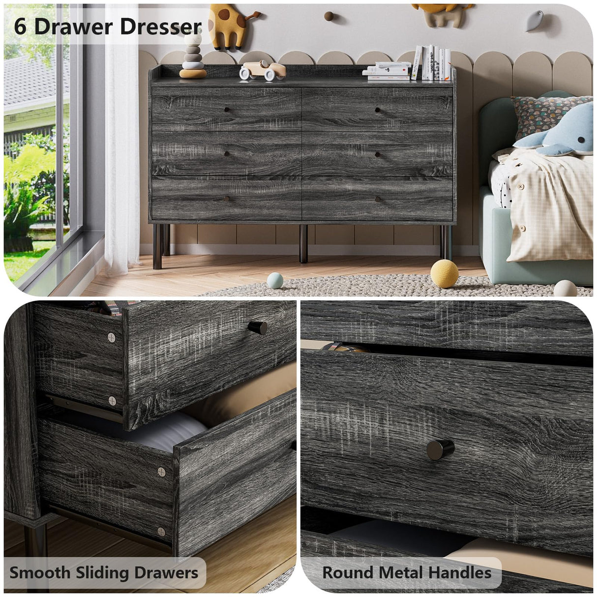 LYNSOM Dresser for Bedroom, 6 Drawer Grey Dresser with Wide Drawer and Metal Handles, Modern Dressers & Chests of Drawers for Hallway Entryway LYNSOM