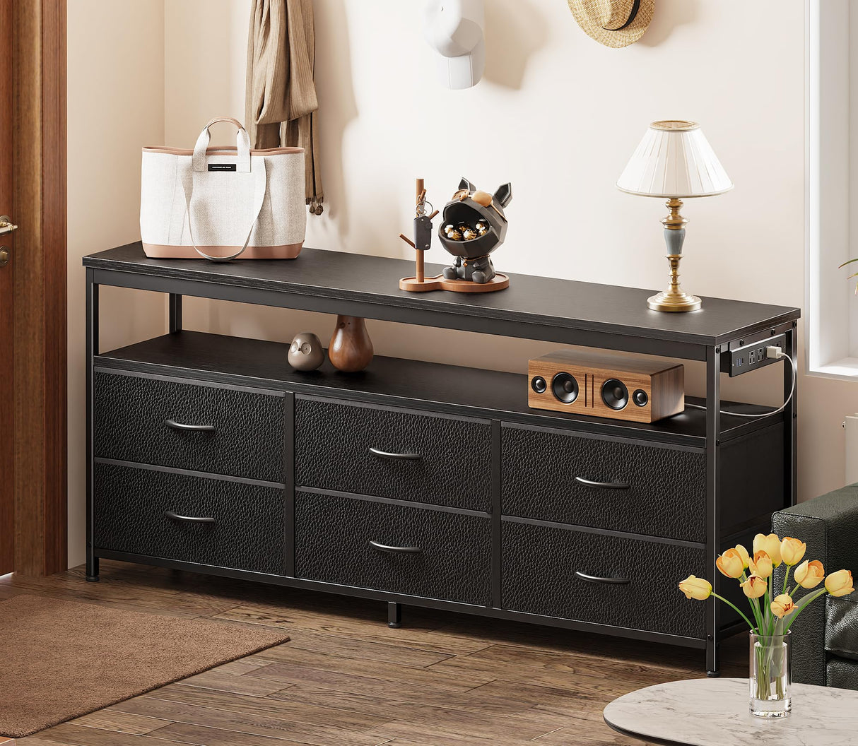 Huuger LED TV Stand for Bedroom, 55 Inch Dresser with Power Outlets, Entertainment Center for 60, 55, 50 Inch TV, 6 Drawer Dresser for Bedroom, Chest of Drawers with Open Shlef, PU Leather, Black Huuger