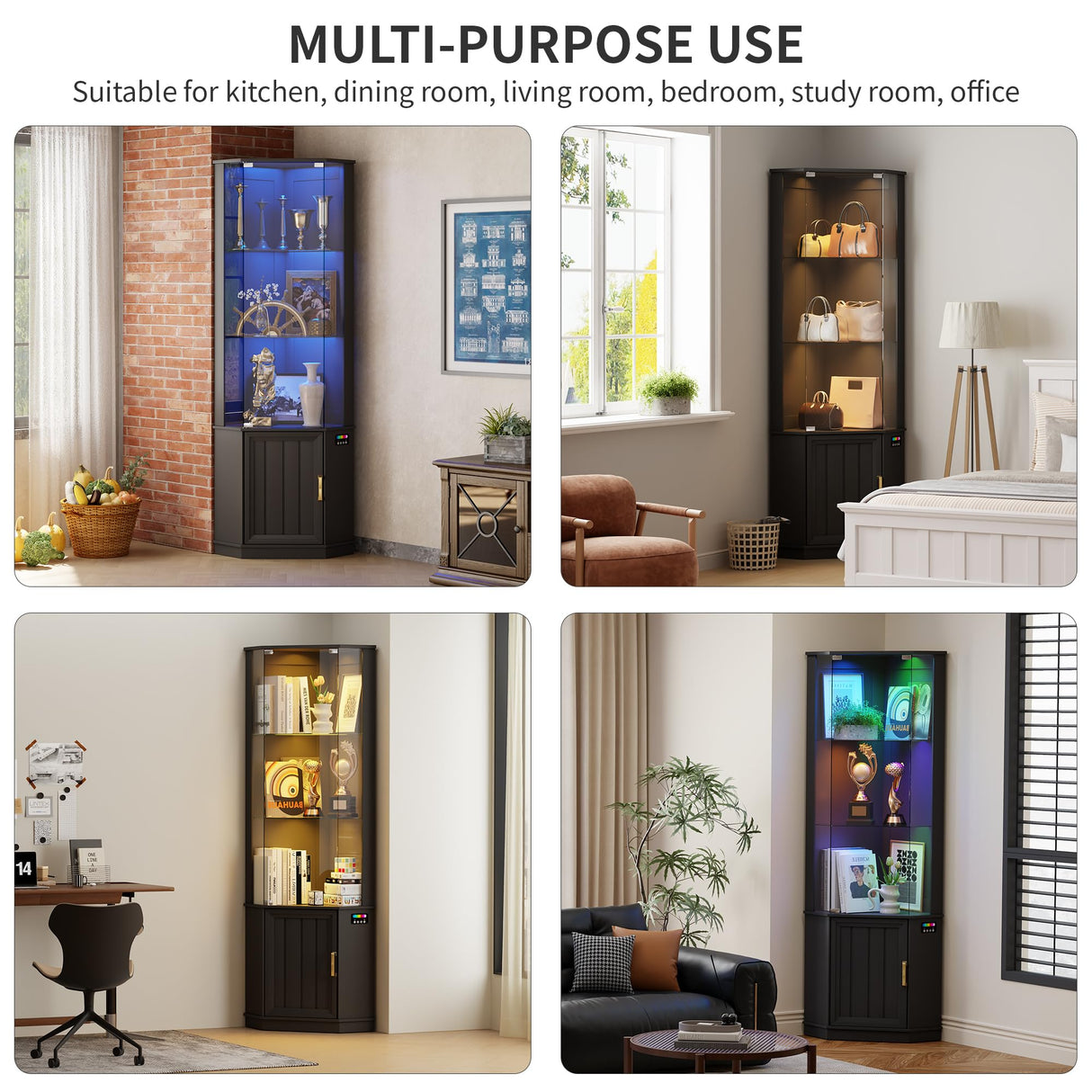 HNEBC 69" Tall Curio Display Cabinet with Glass Door and Movable Shelves,Corner Bookcase with LED Human Sensor Lights,5-Tier RGB Display Case for Collectibles,Bedroom Living Room HNEBC