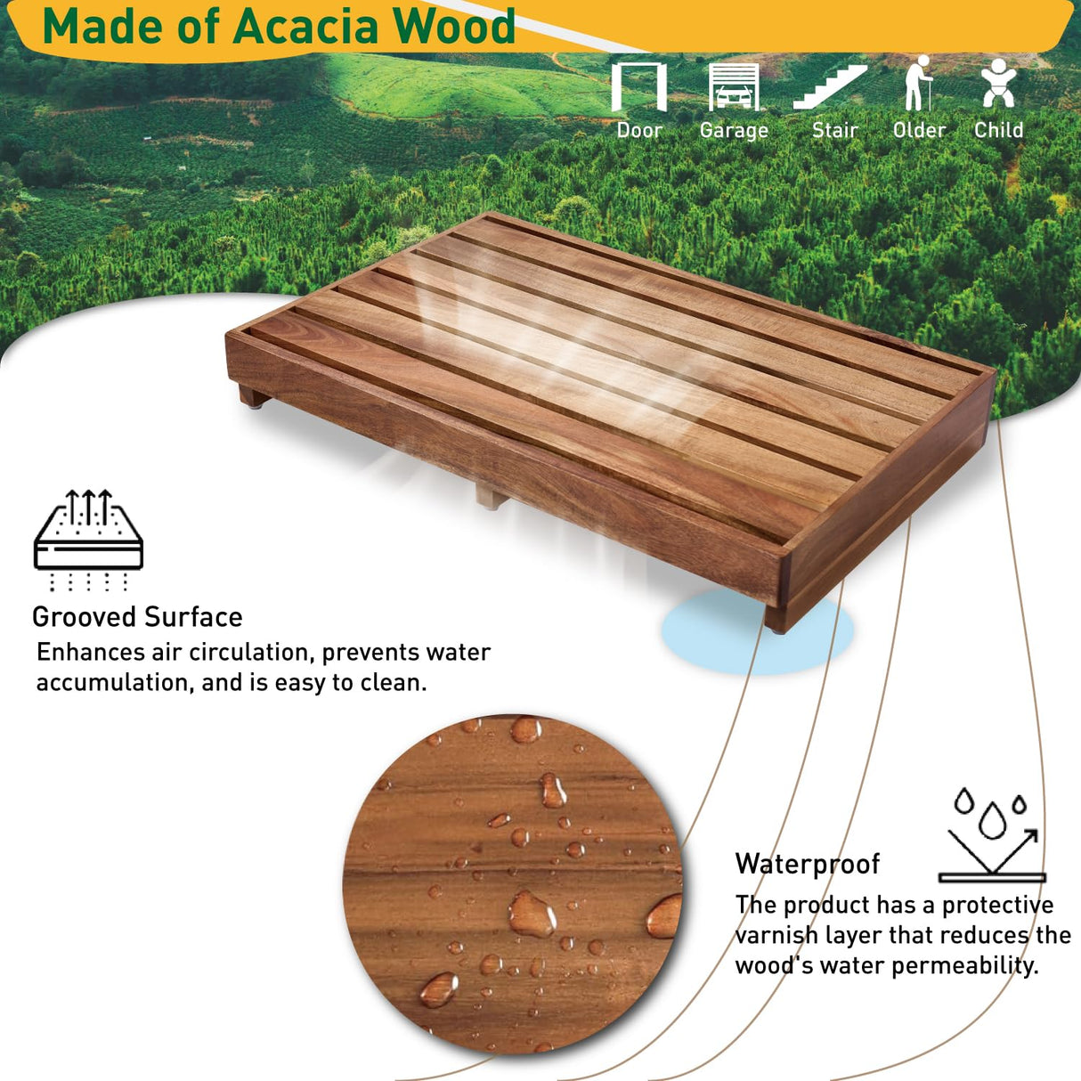 Wooden Step Platform 3.8" Height, Outdoor Steps with Non-Skip Pads for Seniors, Acacia Wood Step Stools for Adults, Stool for Bed, Bathroom, Kitchen, Garden, Stair Assist (No Assembly Required) Buruis