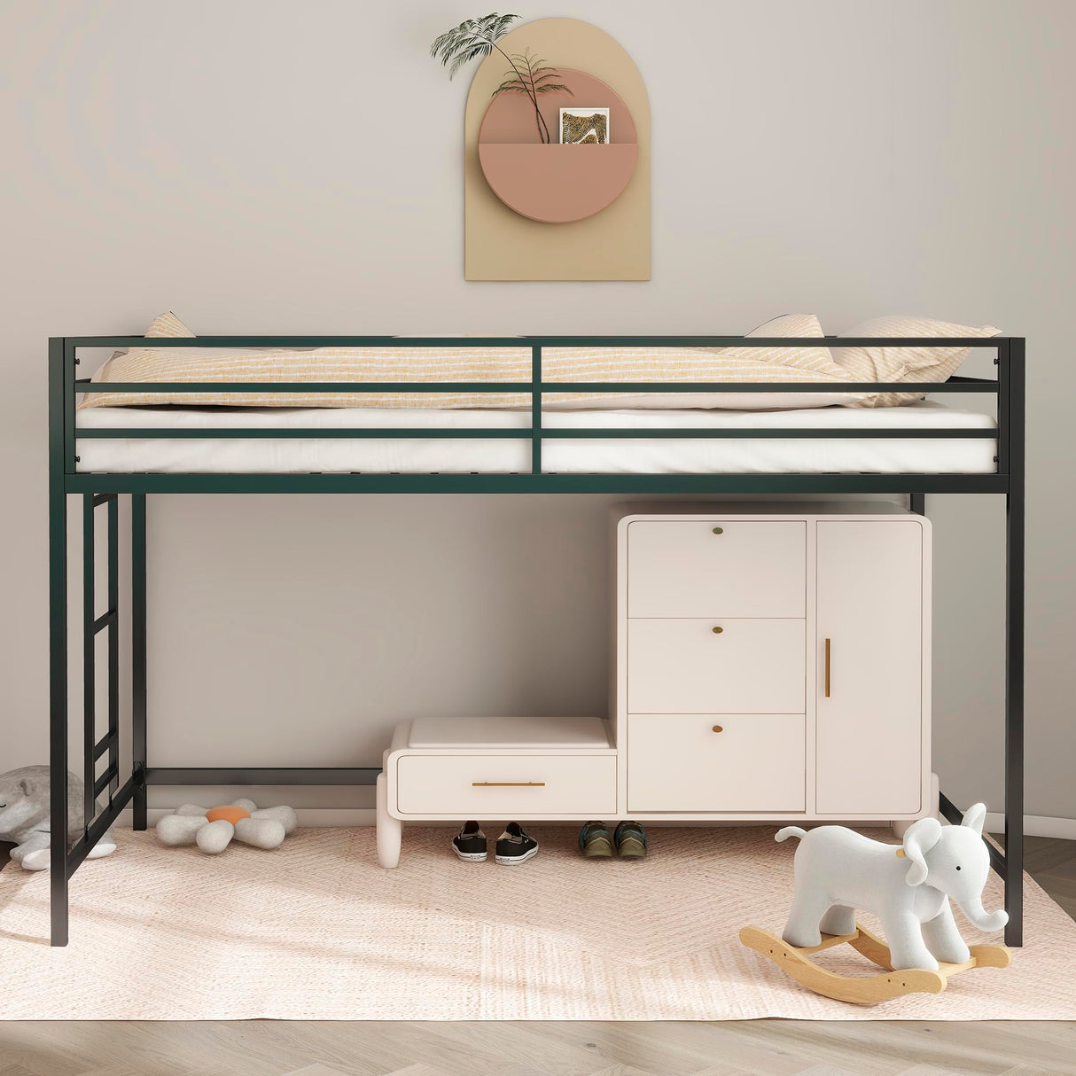 Twin Size Low Loft Bed for Kids,Metal Loft Bed Frame for Boys Girls,Kids Loft Bed Twin Size,Junior Low Loft Bed, Black Bellemave