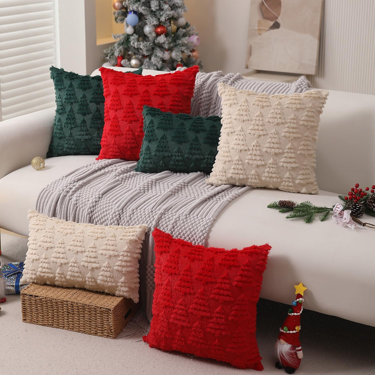 Allorry Christmas Pillow Covers 18 x 18 Set of 2 Xmas Decorations Beige Christmas Tree Pillow Cases Plush Faux Fur Soft Cushion Case for Winter Xmas Holiday Home Bedroom Sofa Decors SY-003-C18 Allorry