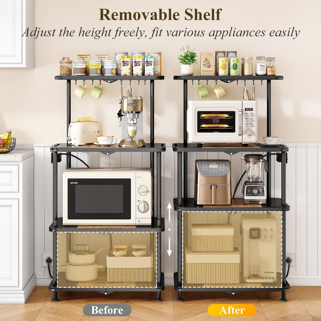 Kitchen Bakers Rack with Power Outlet - Easy & Tool-Free Assembly, Adjustable Coffee Bar Station 4 Tiers, Microwave Stand with 12 Hooks, Brown SNTD