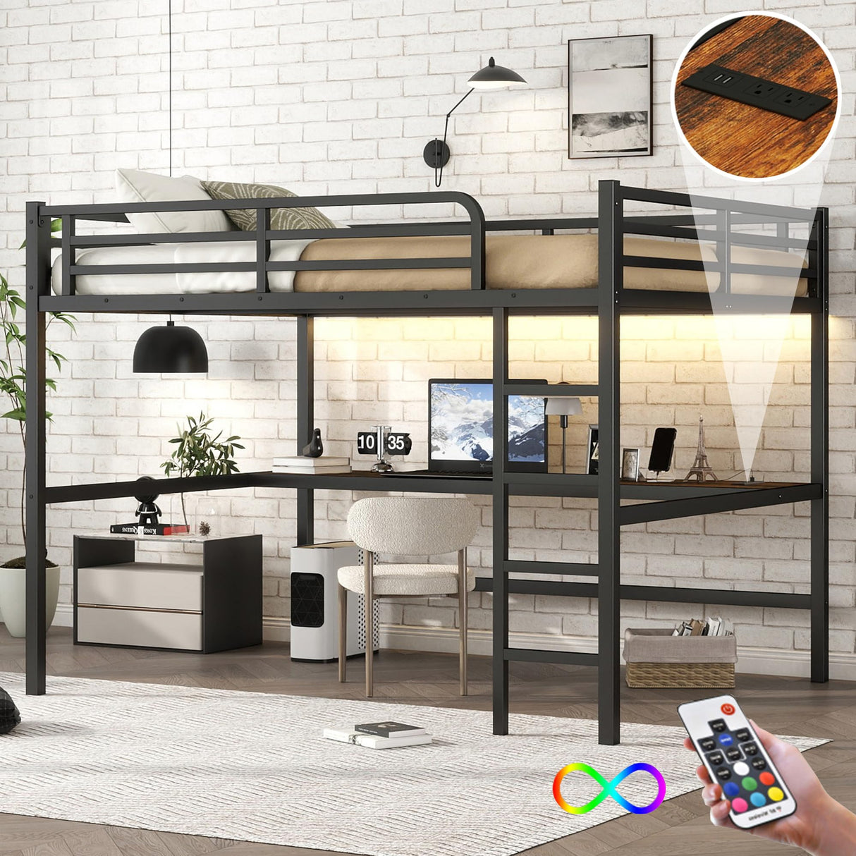 Queen Size Metal Loft Bed with Desk, LED Lights & USB Charging Station, Sturdy Noise-Free High Loft Bed Frame with Safety Guardrails, Space-Saving Loft Bedframe for Adults, Kids, Teens, Black (Queen) XUWANSHANG