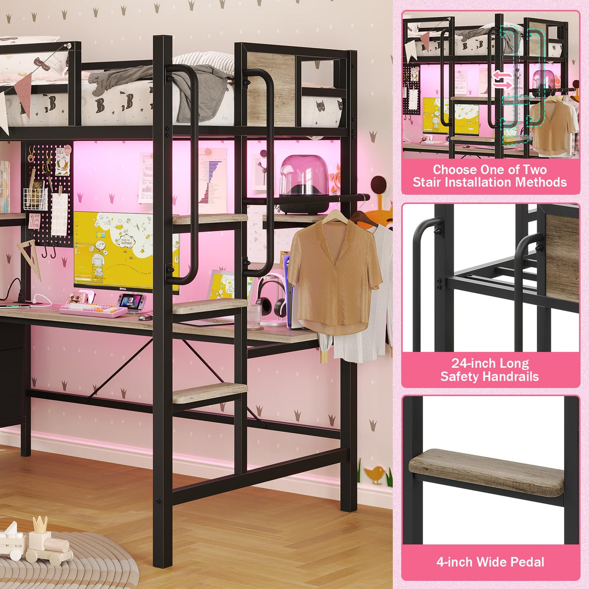 BYSAUD Loft Bed Twin Size with L Shaped Desk and Storage, Metal Bunk Loft Bed Frames with Desk Underneath and LED Lights and Charging Station 5 Drawer 2 Pegboards Clothes Rack, Noise Free, Gray BYSAUD