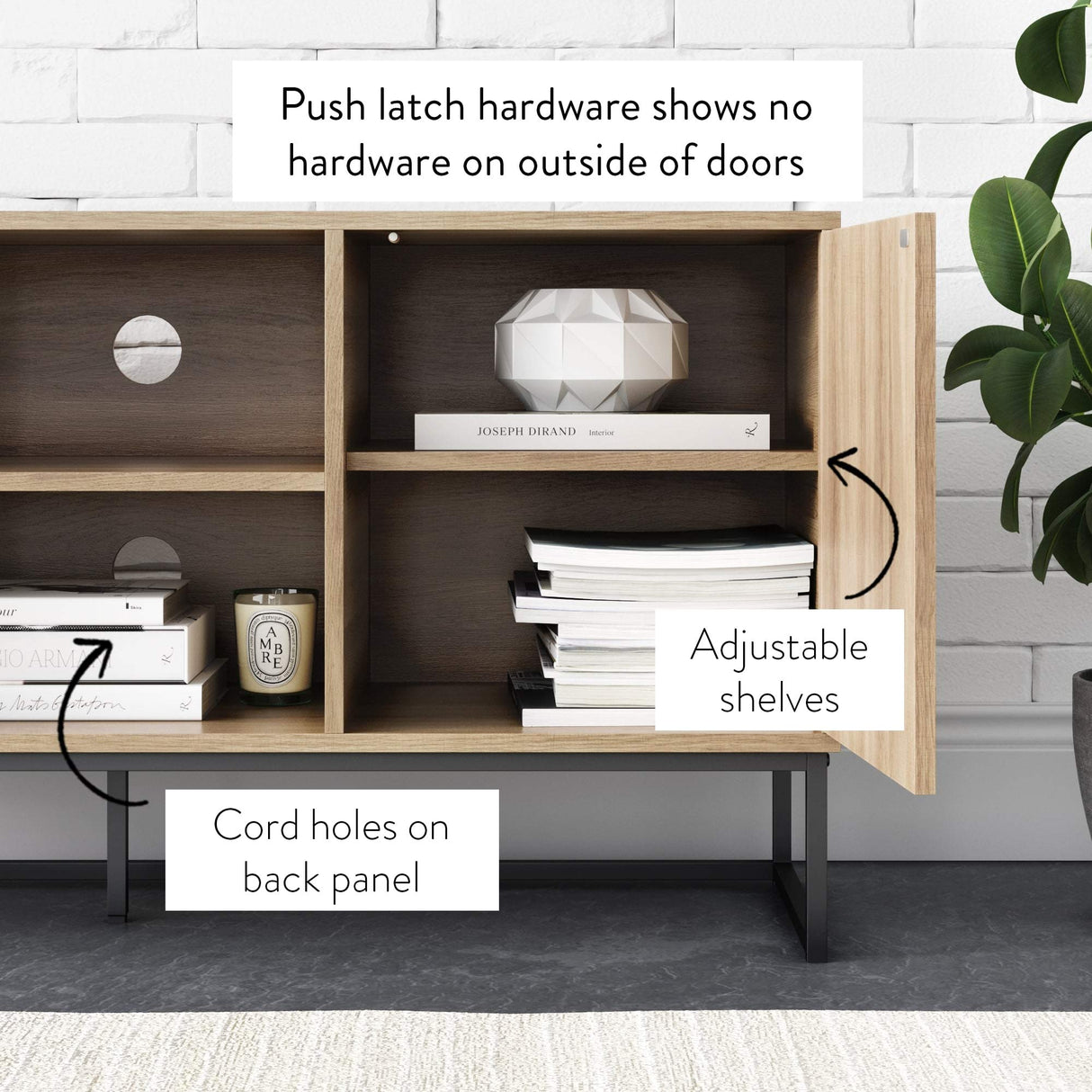 Nathan James Dylan Media Console Cabinet or TV Stand with Doors for Hidden Storage in a Natural Reclaimed Herringbone Wood Pattern and Metal, Oak/Matte Black Nathan James