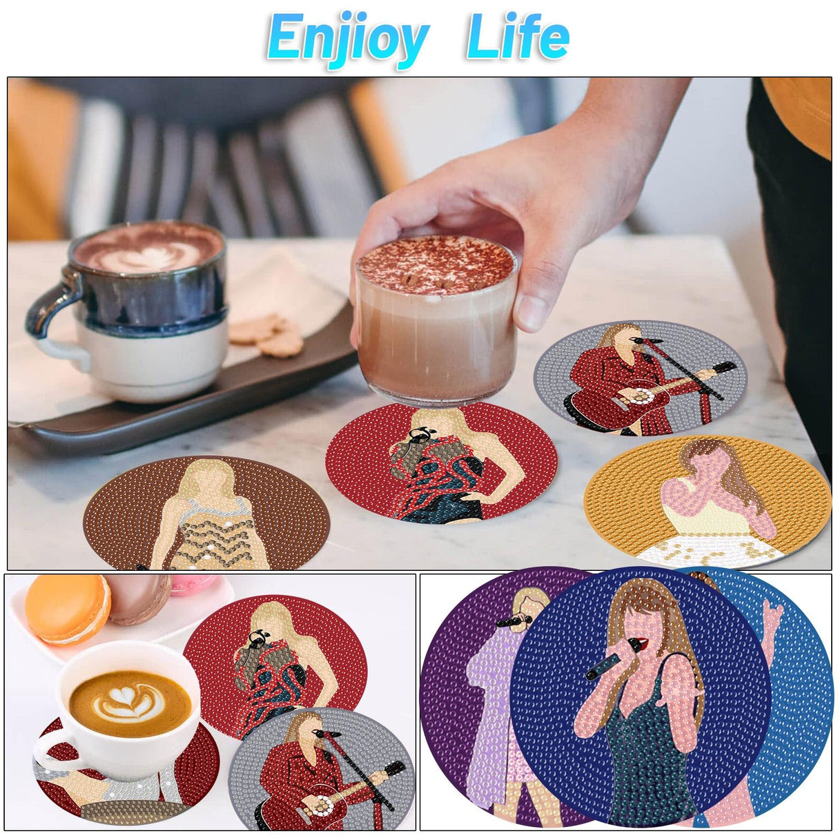 Clendo Pop Star Diamond Painting Coasters Kits for Adults, 8PCS Pop Diamond Art Coaster Kits with Holder, Small Diamond Painting Kits for Adults & Kids Art Craft Supplies, Bdwy041 Clendo