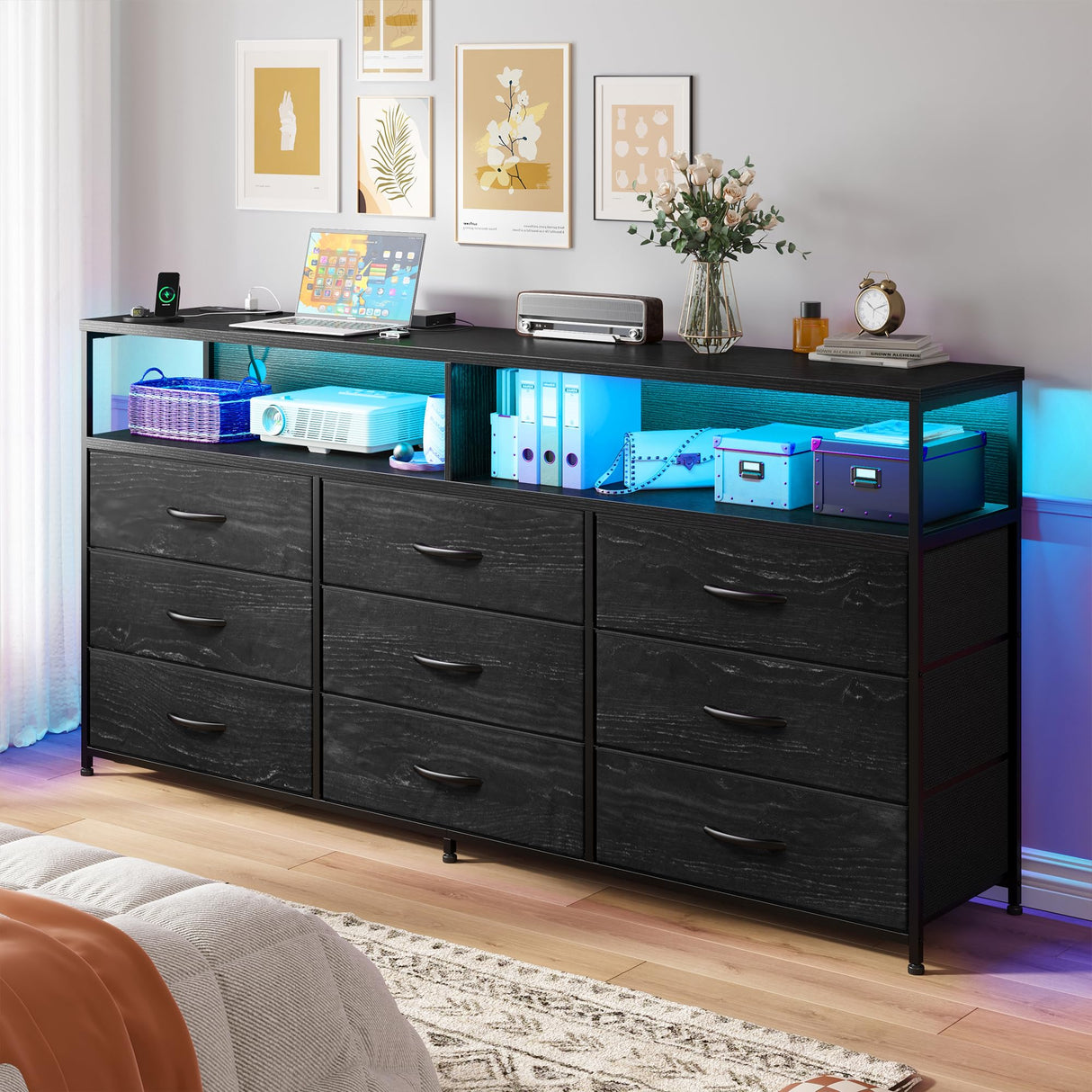 EnHomee 55" W Dresser TV Stand with Power Outlet & Lights for 65" TV, Dresser for Bedroom with 9 Fabric Drawers, TV Stand for Bedroom Dressers Console Table 55''W*11.8''*35.5'', Charcoal Black EnHomee