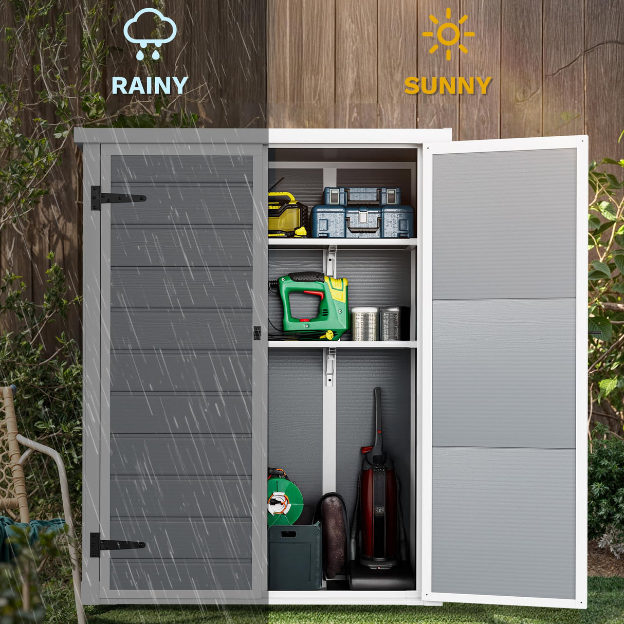 DWVO Outdoor Vertical Storage Shed with 2 Shelves, 49 Cu Ft Waterproof Resin Garden Shed with Floor & Lockable Door, Plastic Tall Tool Cabinet for Garbage Cans, Lawn Equipment, Garden Supplies (Gray) DWVO