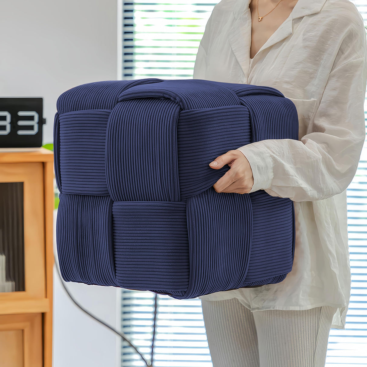 Cmishe Ottoman Foot Rest Soft and Comfortable Ottoman Square Corduroy Woven Design Sofa Stool (Blue) Cmishe