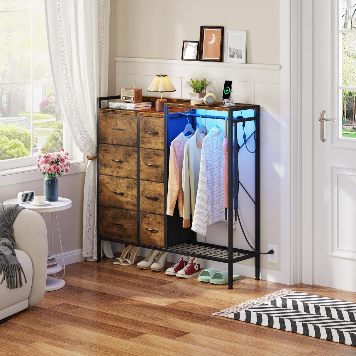 HIGDBFE Dresser with Hanging Rack, 8-Drawer Dresser for Bedroom with Charging Station & LED Lights, Kids Dressers with Shoe Rack, Rustic Brown, 11.8" D x 42" W x 42.7" H (8 Drawers) HIGDBFE