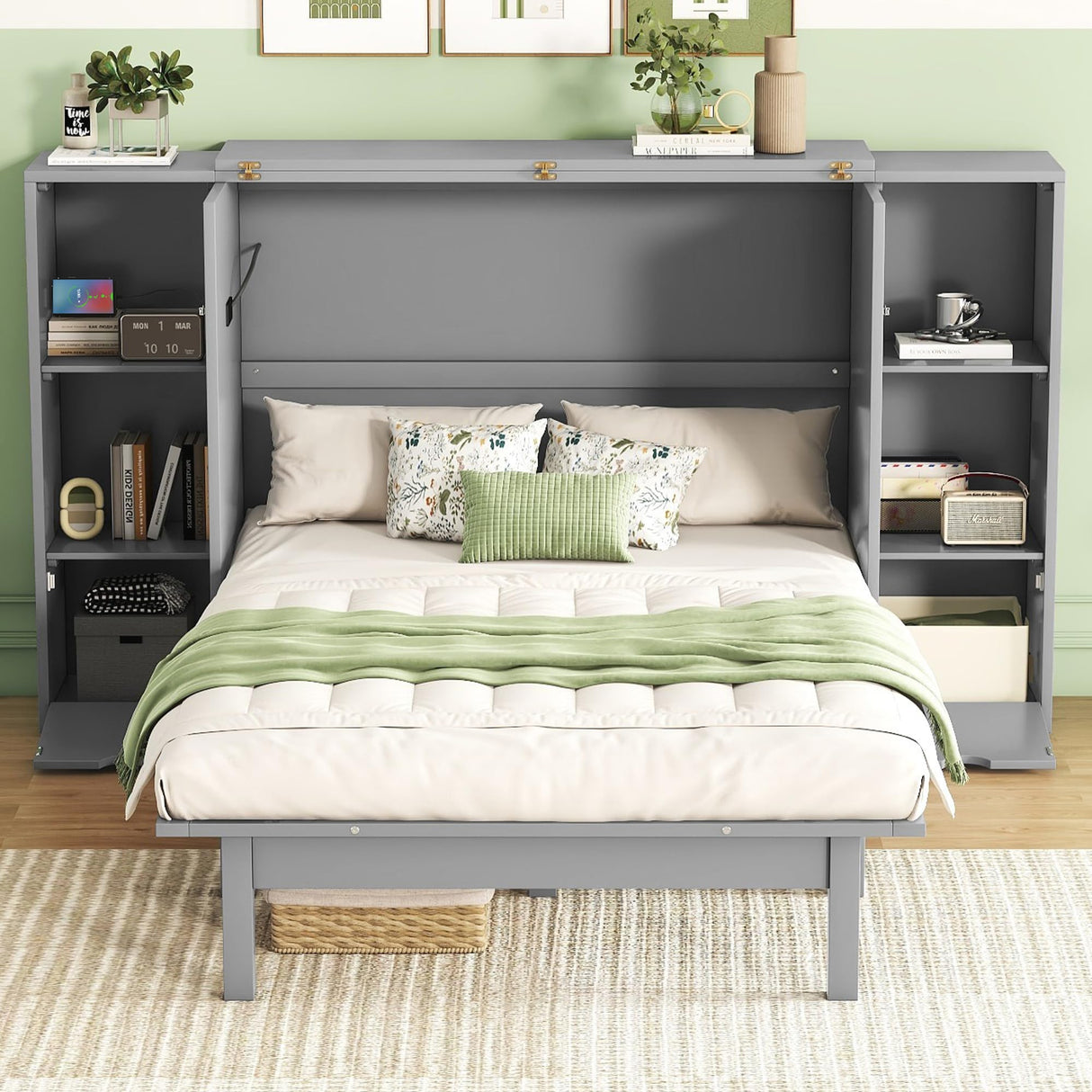 Queen Size Murphy Wall Bed with Storage, Bookcase Headboard, Solid Wood Cabinets, Shelves, Drawers, USB Ports, Multi-Function Platform Bed for Home Office, Guest Room (Gray) MERITLINE
