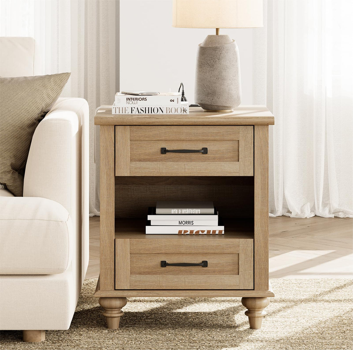 WAMPAT Farmhouse End Table Nightstand with Charging Station, Small Side Table with 2 Drawers for Living Room, Light Wood Night Stand Bedside Table for Bedroom, Oak WAMPAT