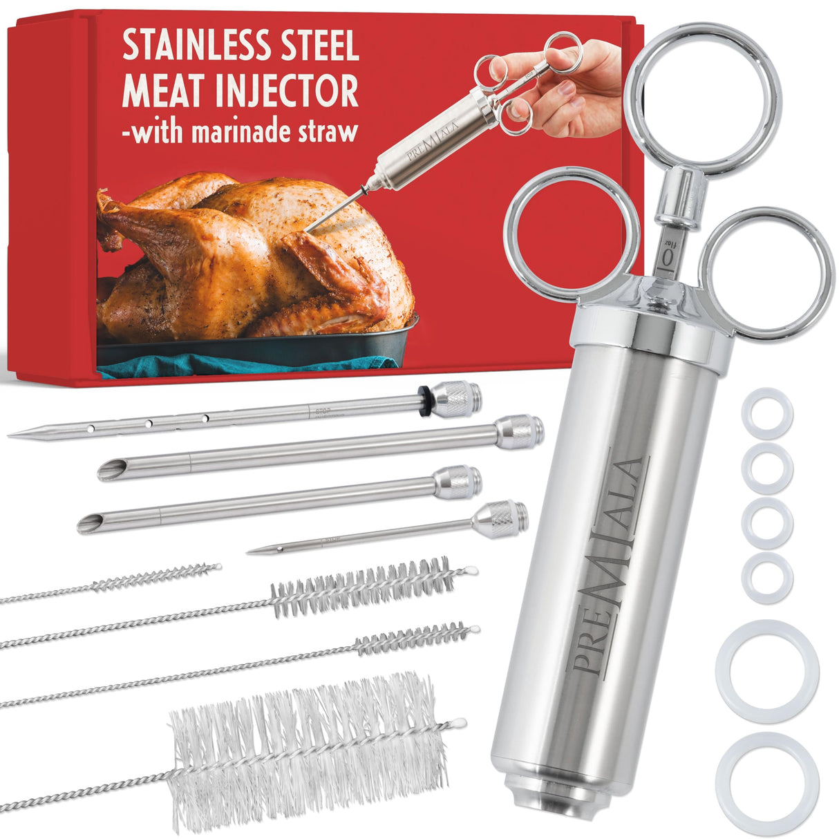 Premiala 304-Stainless Steel Meat Injector - With Marinade Straw! 4 Needles, Spare Orings, Ebook, Spares Available! The Original 2oz Marinade Injector Syringe Kit Creates Juiciest Turkey and BBQ Ever! Premiala