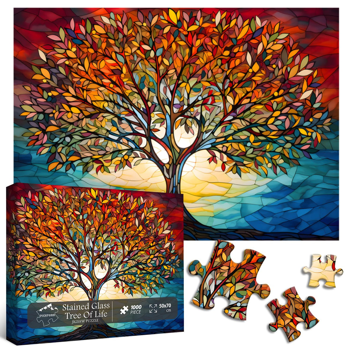 Stained Glass Puzzle for Adults 1000 Piece, Tree of Life Puzzles, Impossible Hard Difficult Challenging Puzzles for Adults, Colorful Mosaic Tree of Life Jigsaw Puzzle 1000 Pieces PICKFORU