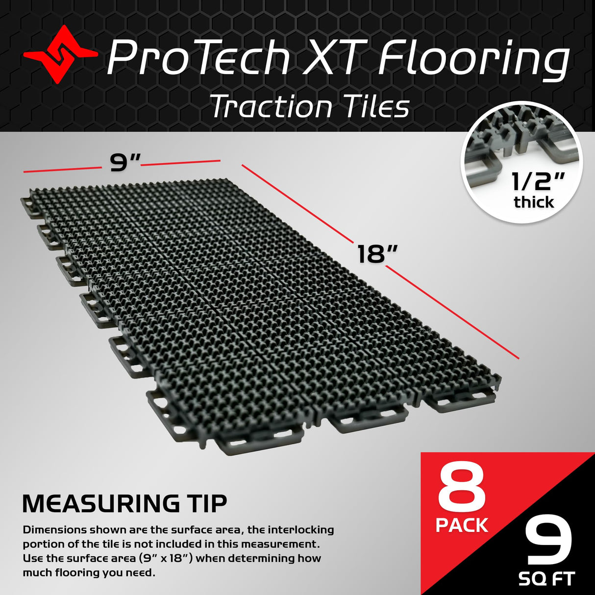 Caliber ProTech XT Garage Flooring and Trailer Deck Traction Tiles, 9” x 18” Interlocking Tiles, Black, 8-Pack Caliber
