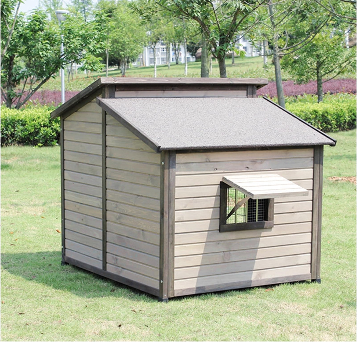 YAOYEENPR Large Insulated Outdoor Dog House for Large Breed Dogs, Weatherproof Wooden Dog Shelter with Elevated Floor and Asphalt Shingles Roof YAOYEENPR