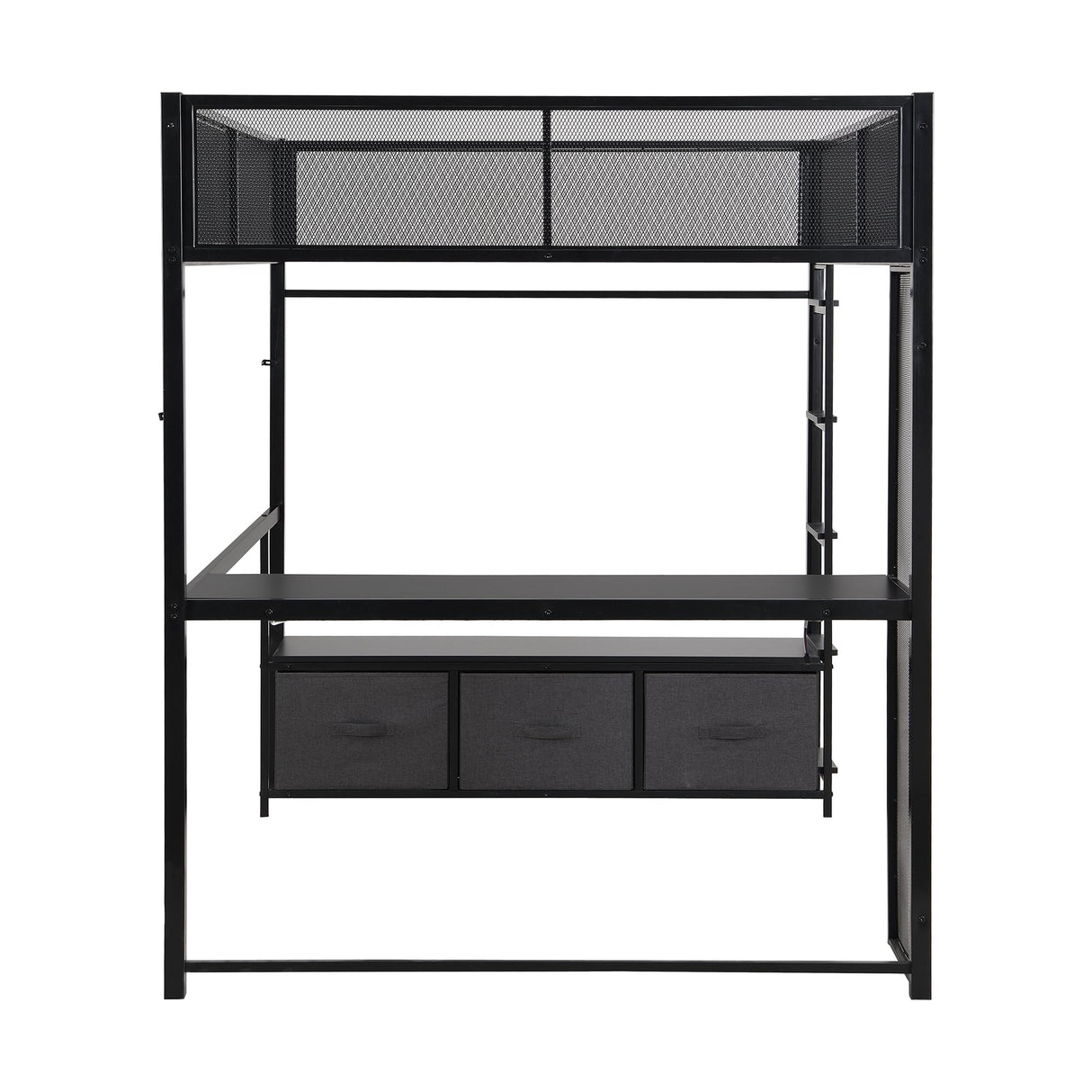 Polibi Full Size Metal Gaming Loft Bed with LED Lights/Desk/Open Wardrobe and 3 Linen Storage Drawers,Loft Bed Frame with Mesh Guardrail and Ladder,Black Polibi
