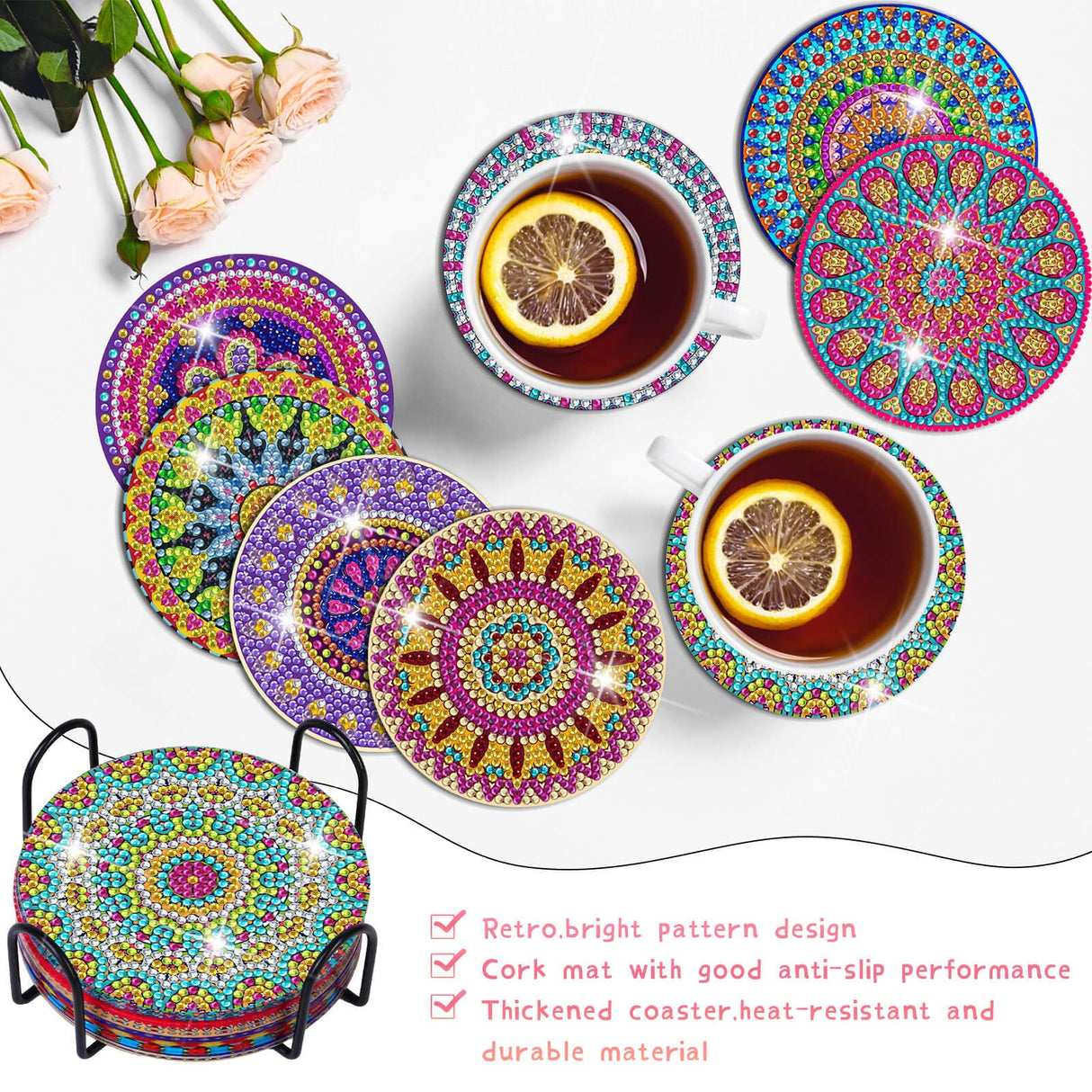 Billbotk Diamond Painting Coasters Kit, 8 Pieces Mandala Diamond Art Coasters with Holder, DIY Diamond Mandala Coasters for Beginners Billbotk