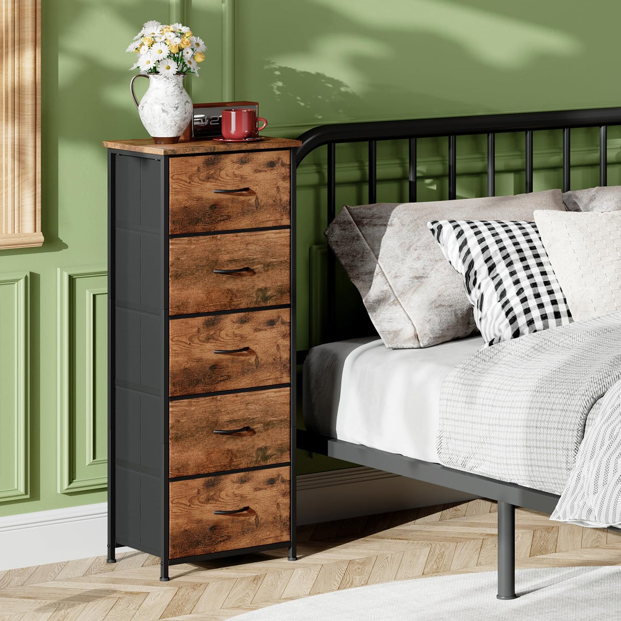 Somdot Tall Dresser for Bedroom with 5 Drawers, Storage Organizer Chest of Drawers with Removable Fabric Bins for Closet Bedside Living Room Laundry Entryway Hallway, Wood Grain Print Somdot