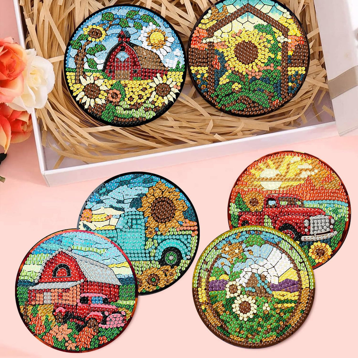 8 Pcs Fall Diamond Art Coasters Kit for Adults - Flowers Painting Set With Holder Cork Pads DIY Sunflower Truck Crafts for Beginners Meothan