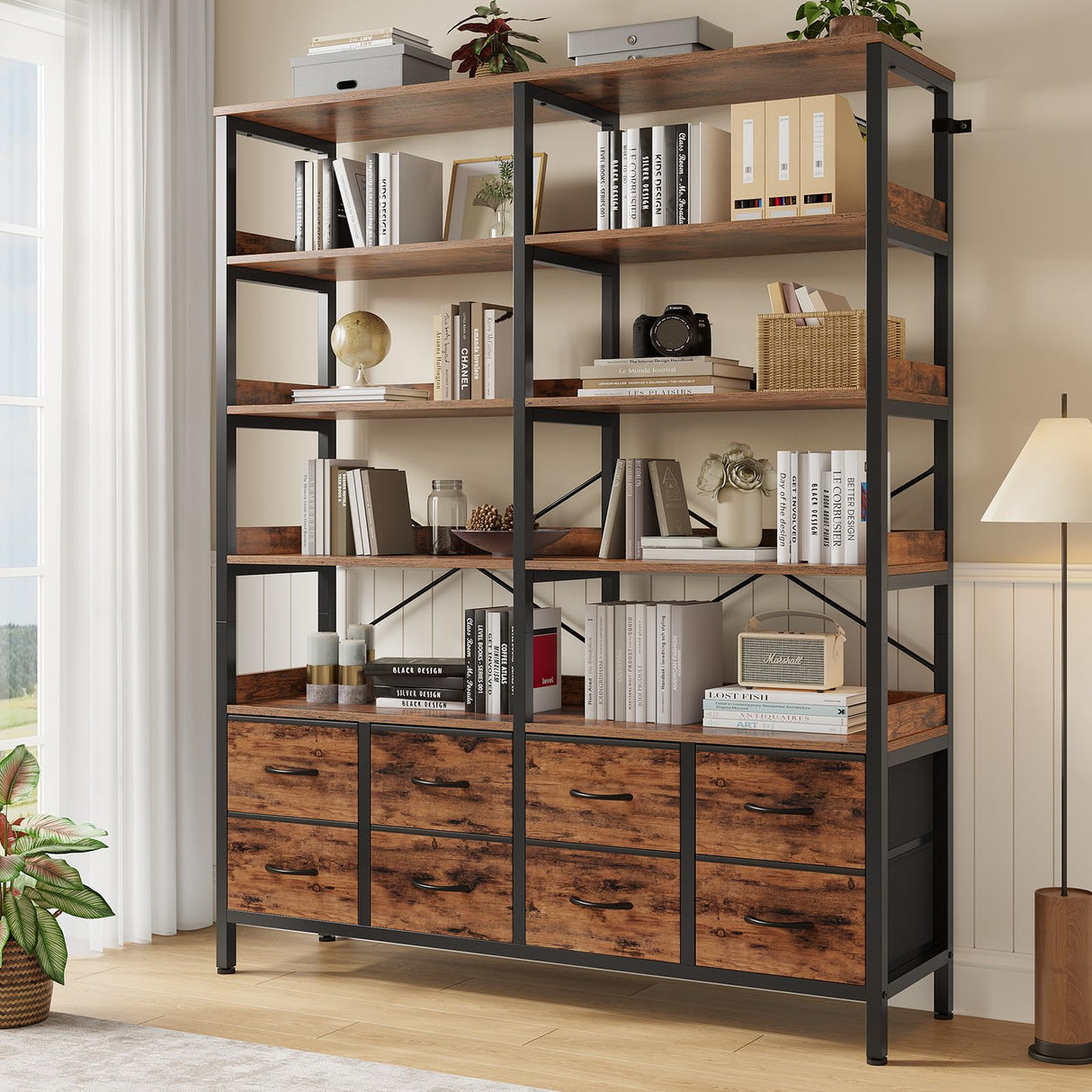 HAUOMS Bookshelf with 8 Fabric Drawers, 7-Tier Bookcase with Baffles Display Shelves, Industrial Large Book Shelf for Living Room Home Office, Rustic Brown HAUOMS