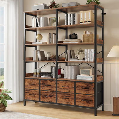 HAUOMS Bookshelf with 8 Fabric Drawers, 7-Tier Bookcase with Baffles Display Shelves, Industrial Large Book Shelf for Living Room Home Office, Rustic Brown