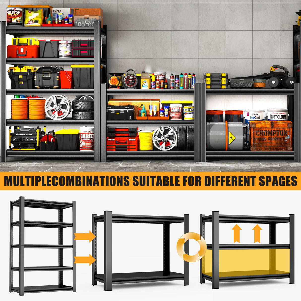 Leariso 4-Tier Heavy Duty Metal Garage Shelving Units, Adjustable & Detachable Storage Shelves, Industrial Steel Rack Shelf for Garage Storage, Tools, & Equipment (Black-63.00H*39.37W, 15.75D-4Tier) Leariso