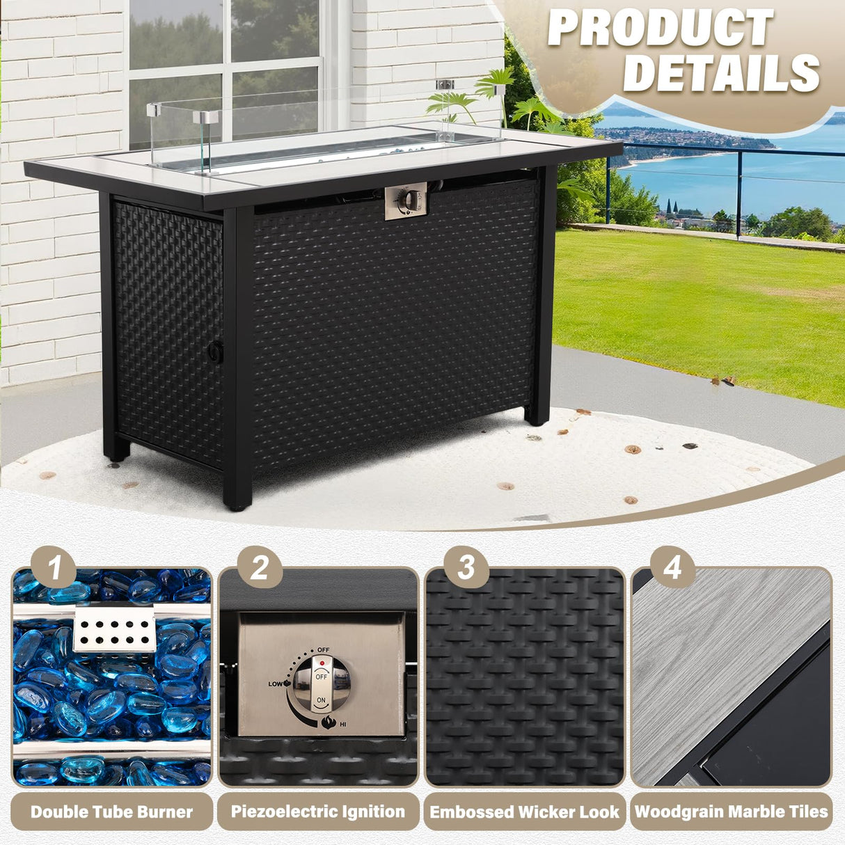 Oasishine 6 Pieces Outdoor Furniture 60000BTU Outdoor Propane Fire Pit Wicker Patio Furniture Set 45" Steel Fire Table Anti-Slip Cushions Waterproof Covers, Khaki Oasishine