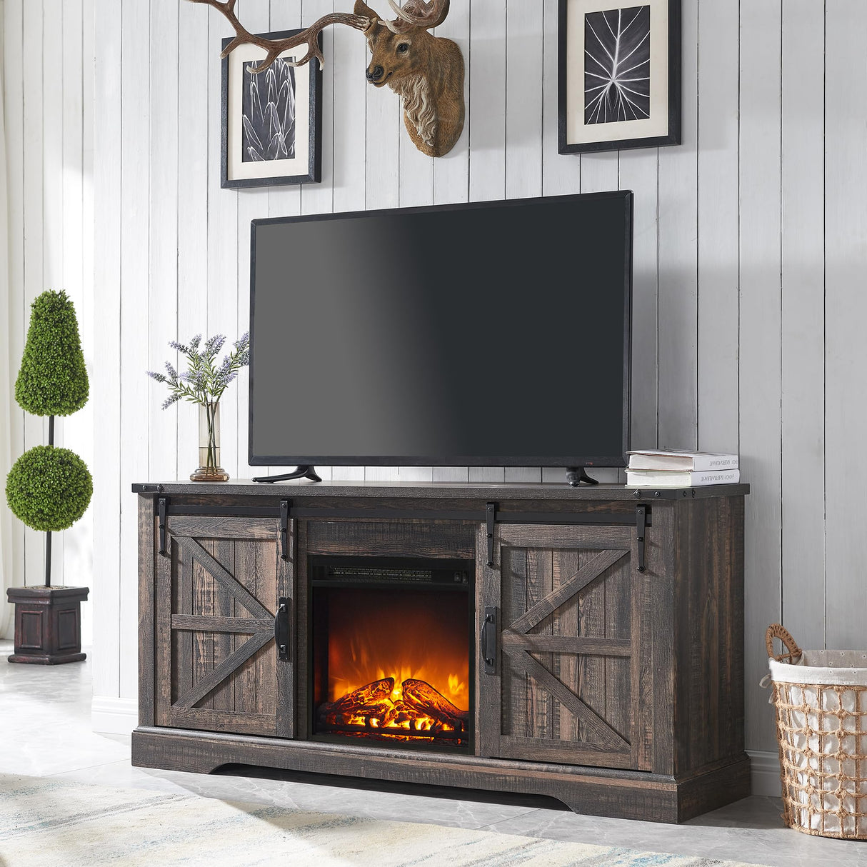 OKD Farmhouse Electric TV Stand for 65+ Inch TV, Rustic Entertainment Center with 18" Fireplace, Sliding Barn Door, Storage Shelves, Wood Media Console Cabinet for Living Room, Dark Rustic Oak OKD