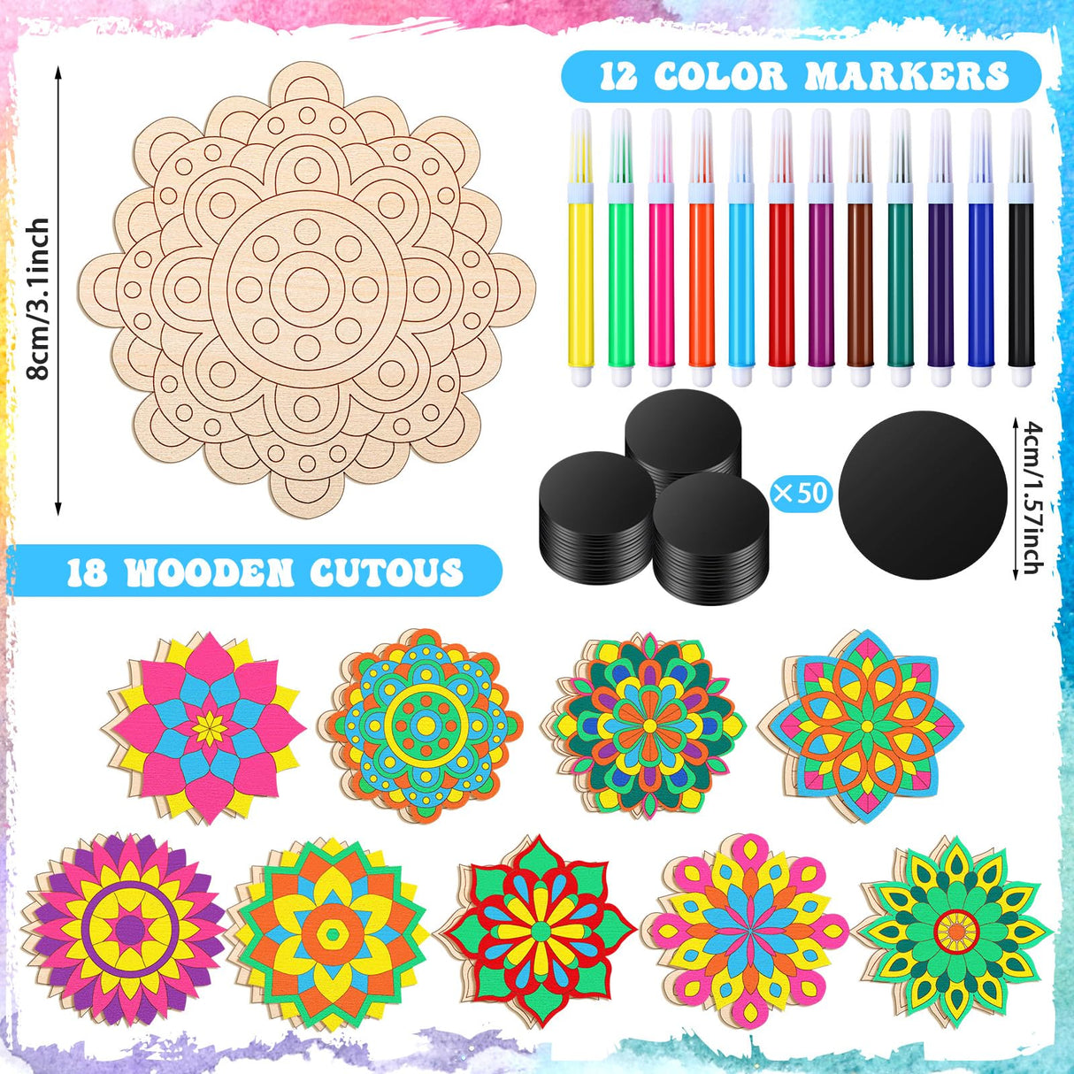 Vercraft 18 Pcs DIY Wooden Mandala Magnets Color Your Own Small Self Adhesive Magnet for DIY Craft Fridge Refrigerator Pendants(Classic Style) Vercraft