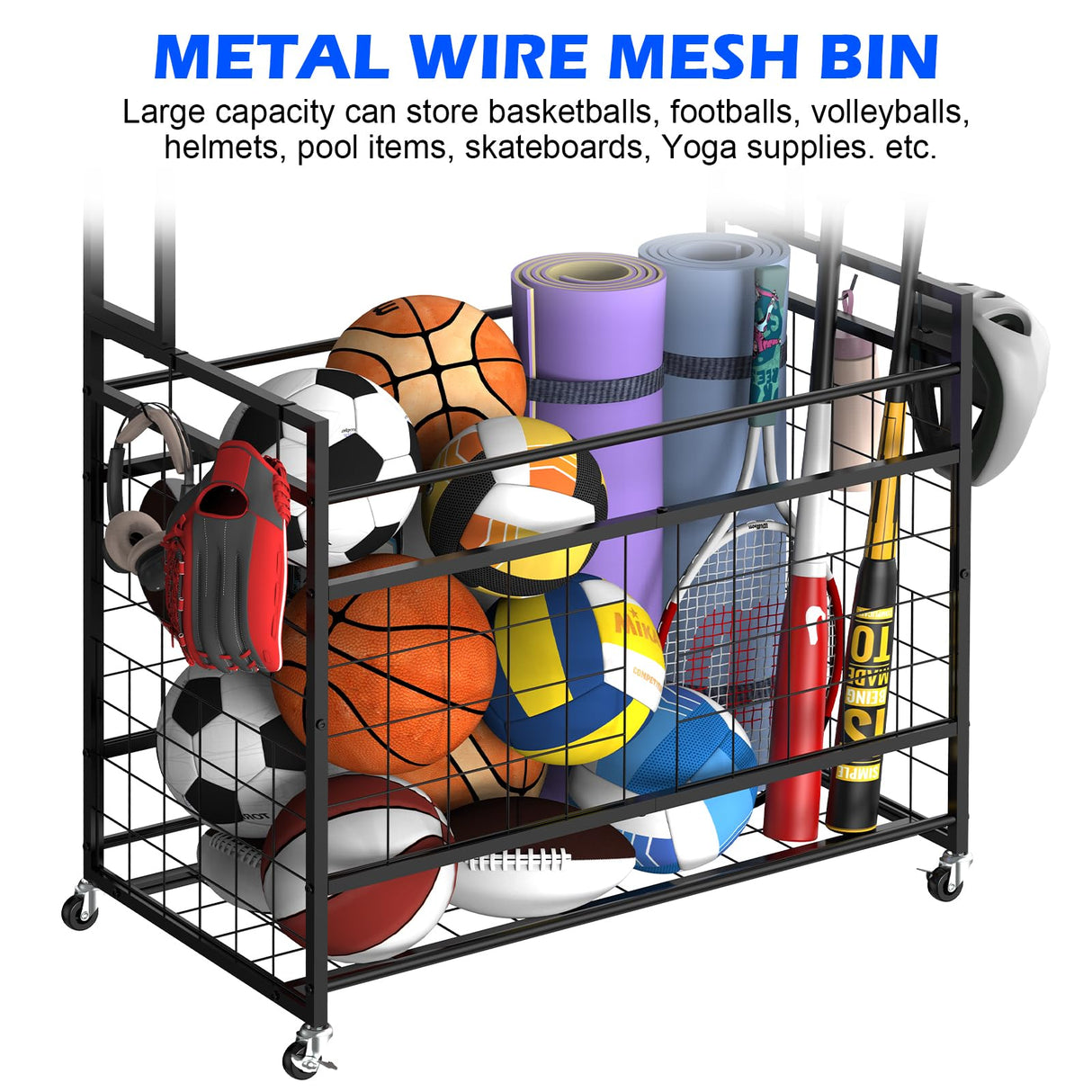 Luplom Sports Equipment Organizer Garage Ball Storage Rack for Sports Gear and Toys, Basketball Holder Stand with Basket and Hooks Rolling Ball Carts with Wheels for Indoor/Outdoor Use, Black Luplom