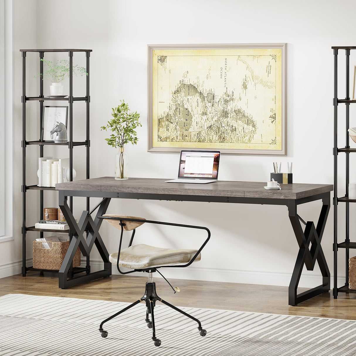 Tribesigns 63 Inch Executive Desk, Large Office Computer Desk with Extra Thick Wooden Tabletop and Metal Frame, Modern Simple Workstation Writing Table Study Desk for Home Office, Gray Tribesigns
