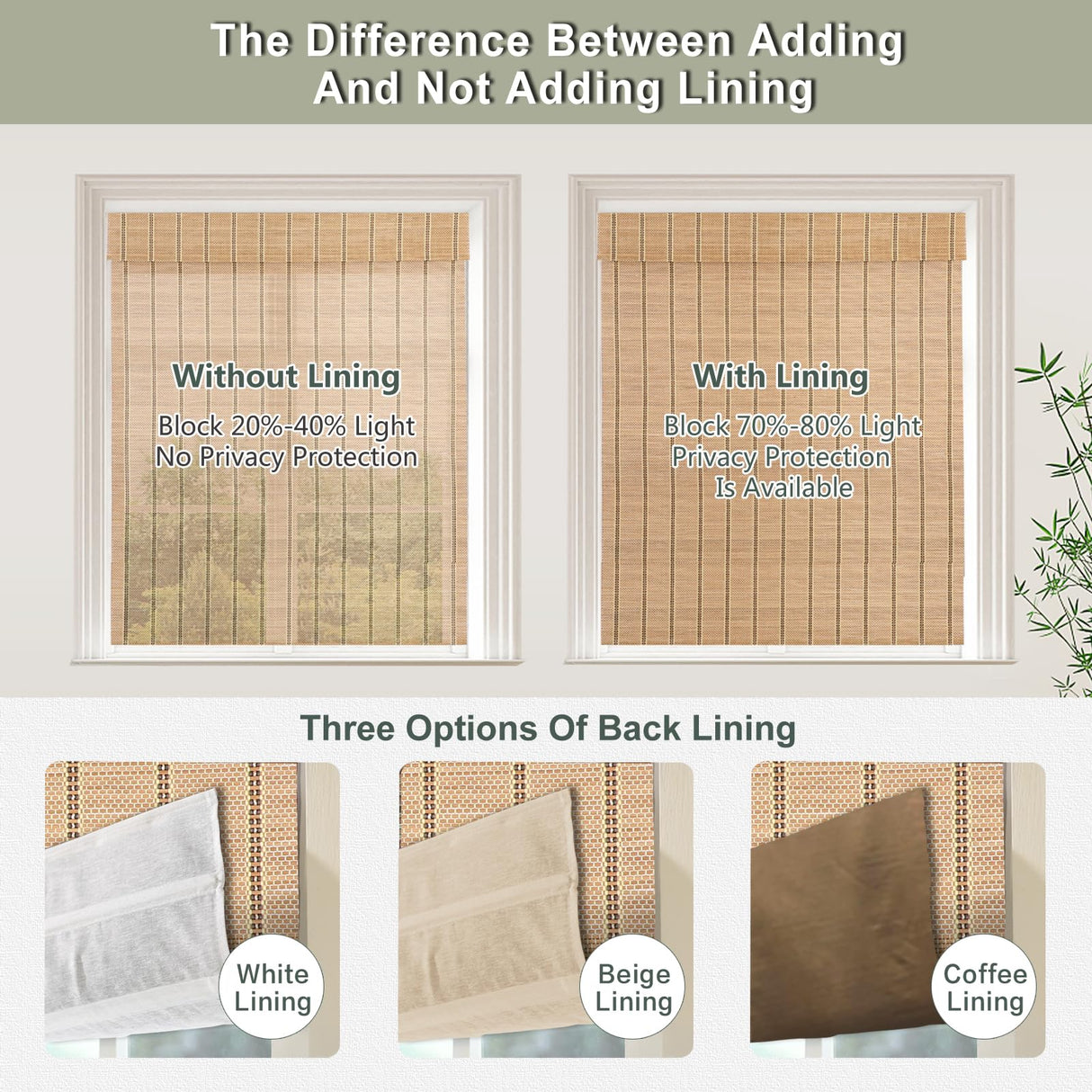 Cordless Bamboo Roman Shades, Natural Woven Blinds with 6 Inches High Valance, Custom Room Darkening Privacy Lined Sun Shade for Indoor Windows, Doors, Color 5 AOZORA