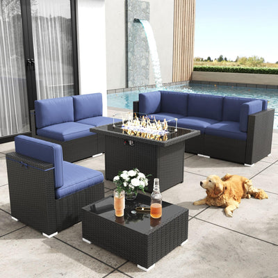 KHOLH Patio Furniture Set with Fire Pit Table, 8 Pieces Outdoor All-Weather Wicker Conversation Sectional Chair Sofa Set