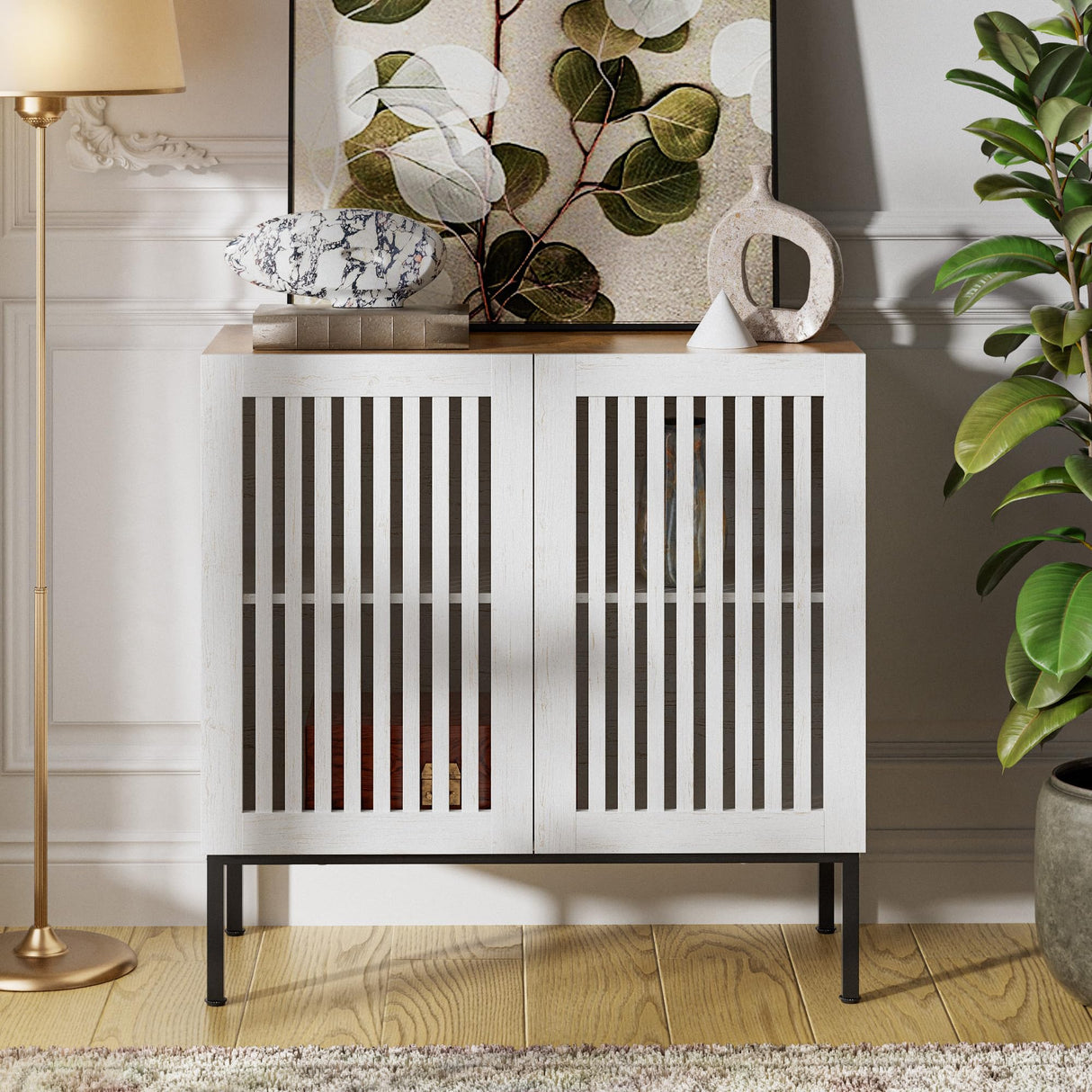 BVIUNTWO 31.5" Farmhouse Buffet Cabinet with Metal Base, Adjustable Shelf & 2 Doors, Antique White Storage Sideboard for Kitchen, Dining & Living Room BVIUNTWO