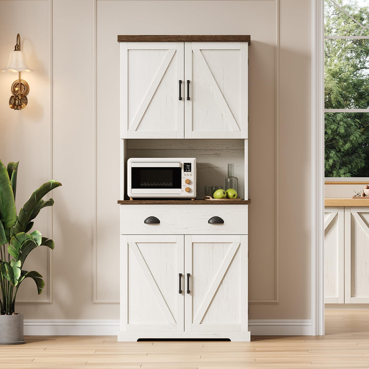 ChooChoo 72" Pantry Cabinet with Storage Drawers, Farmhouse Kitchen Hutch Bar Cabinet with Microwave Stand, Kitchen Cupboard with Door Shelves for Dining Room, Living Room, Antique White & Brown ChooChoo