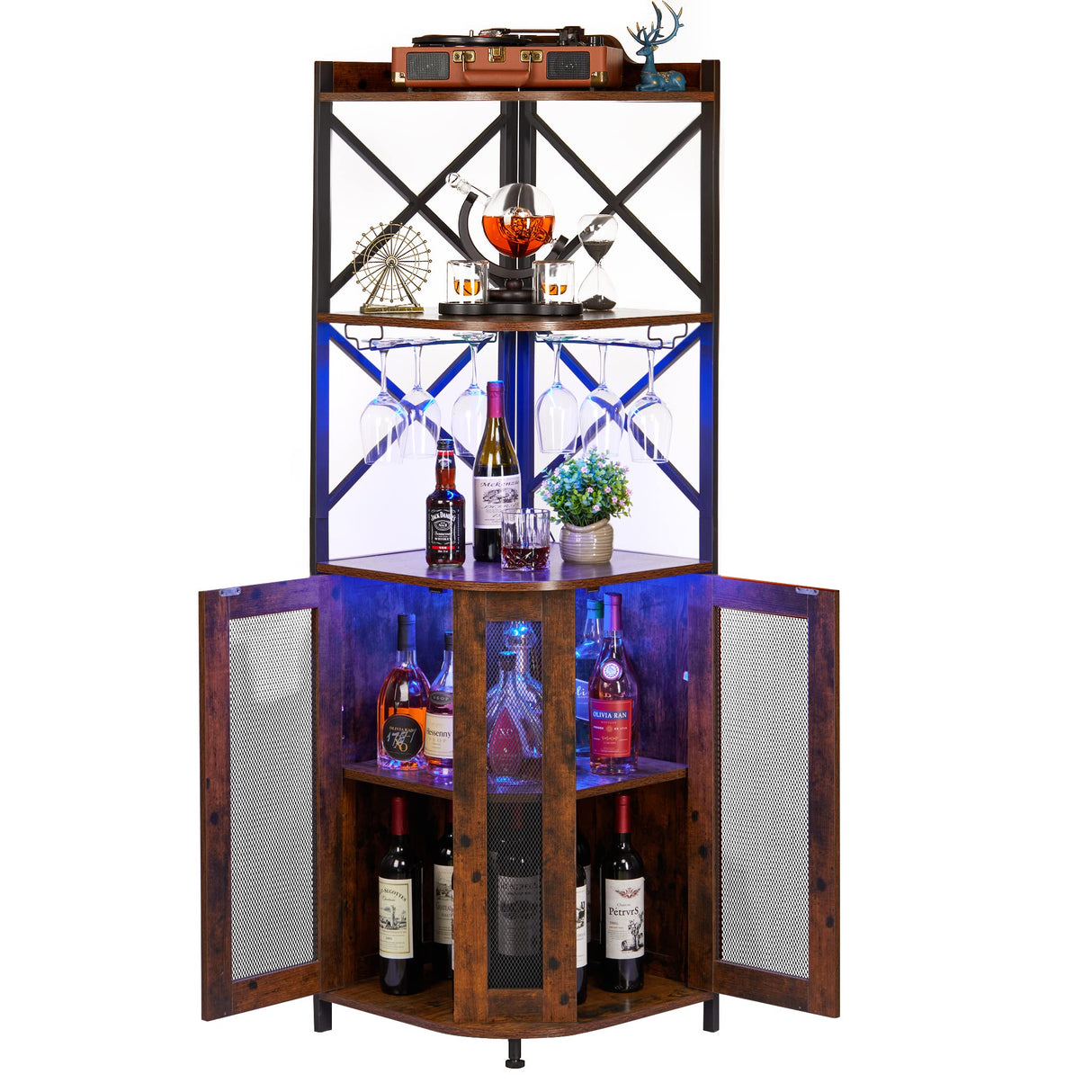 JKsmart Corner Bar Cabinet with LED Lights, 5-Tier Industrial Wine Bar Cabinet with Glass Holder, Farmhouse Liquor Cabinet with Adjustable Shelf, Home Bar for Coffee Bar Cabinet, Rustic Brown JKsmart